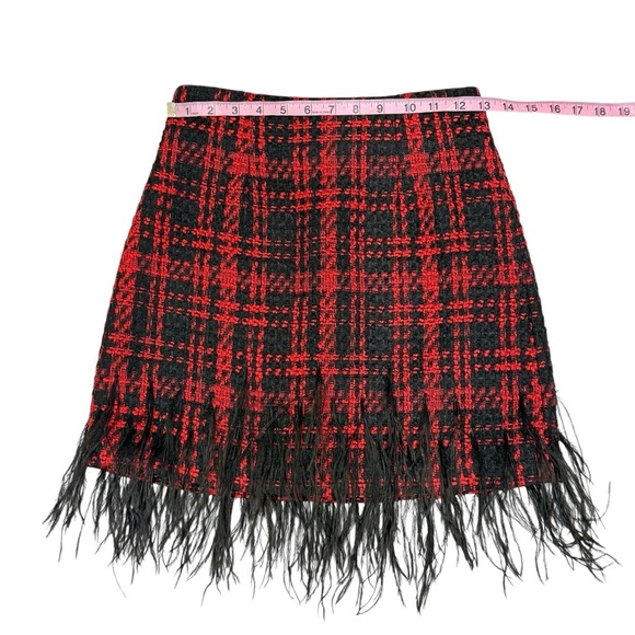 Antonio Melani Size 0 Dalia Tweed Mini Skirt Feather Fringe Hem Red Black NWT - Picture 9 of 16